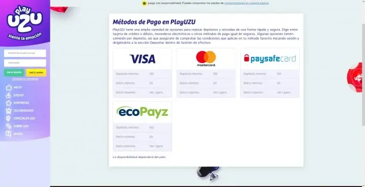 playuzu casino metodos de pago